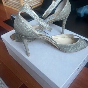 JIMMY CHOO ANNIE 85 Sandal Platinum Ice SZ 38.5 $695